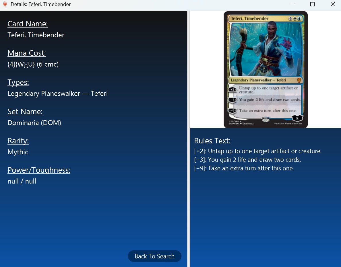 Screenshot of my MTG card search app